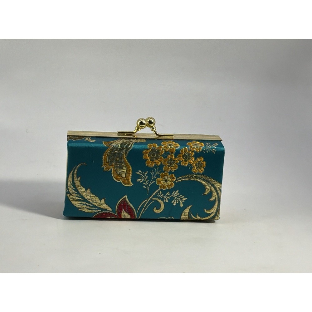 Small Asian Style Purse With Kiss Lock Clasp Blue Floral Vintage 4"